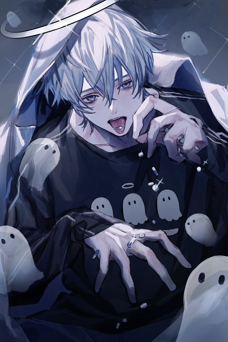 an anime character with white hair and blue eyes holding his hand to his face while surrounded by ghost hands