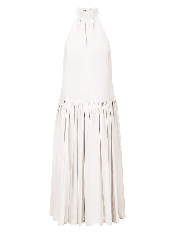 "Find STAUD Marlowe Poplin Halter Maxi Dress on Editorialist. Fashioned from cotton poplin, Staud's Marlowe maxi dress features a halter neck, drop waist, and single-tiered skirt. This sleeveless piece is finished with a cut-out back and self-tie bow closure. Halterneck Sleeveless Drop waist Back self-tie closure 98% cotton/2% spandex Dry clean Imported SIZE & FIT Model measurements: 5'10\" tall Model is wearing a US size Small. Staud. Color: White. Size: XS." Ladies Day Dresses, Tiered Maxi Skirt, Halter Maxi Dress, Halter Midi Dress, Trapeze Dress, Halter Maxi, Navy Midi Dress, Linen Maxi Dress, Tie Bow