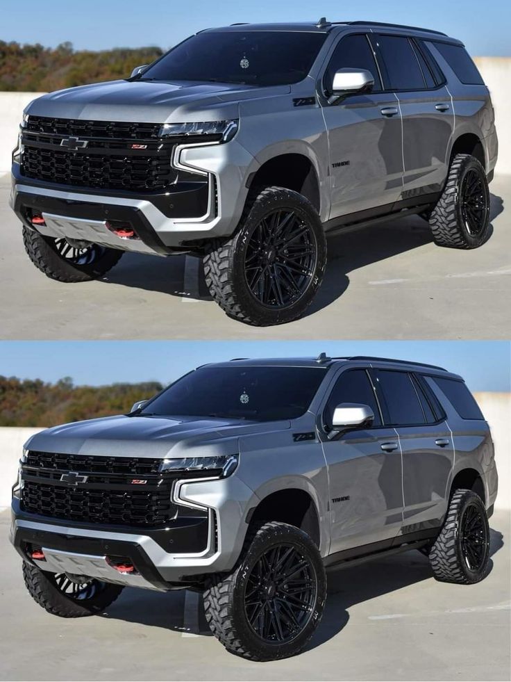 two pictures of the front and side view of a silver truck with black wheels on it