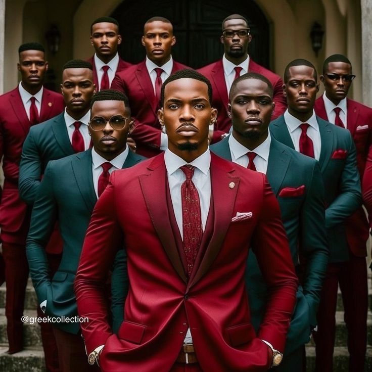 a group of men in red suits and ties