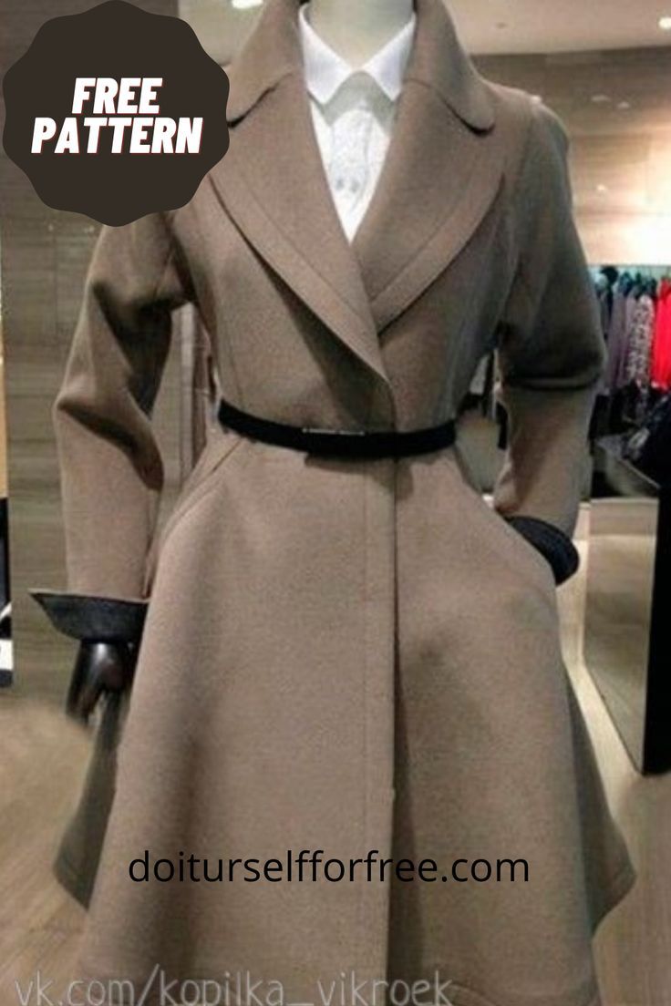 a mannequin wearing a coat and hat in a clothing store display case with text overlay that reads free pattern