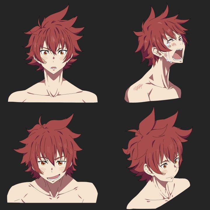 four images of an anime character with red hair and different facial expressions on their faces