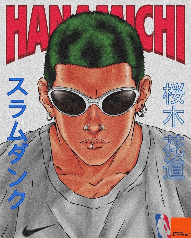 a drawing of a man with green hair and sunglasses on the cover of a magazine