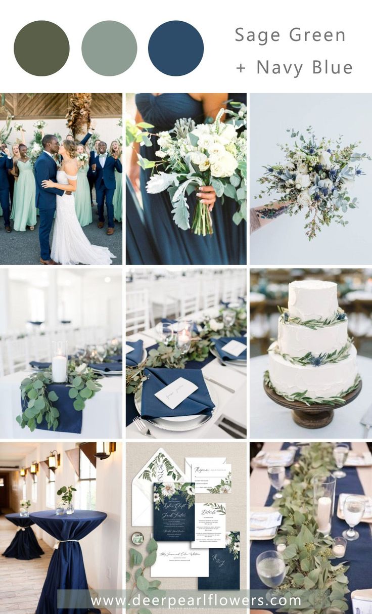 a collage of photos with blue, green and white wedding colors in the same color scheme