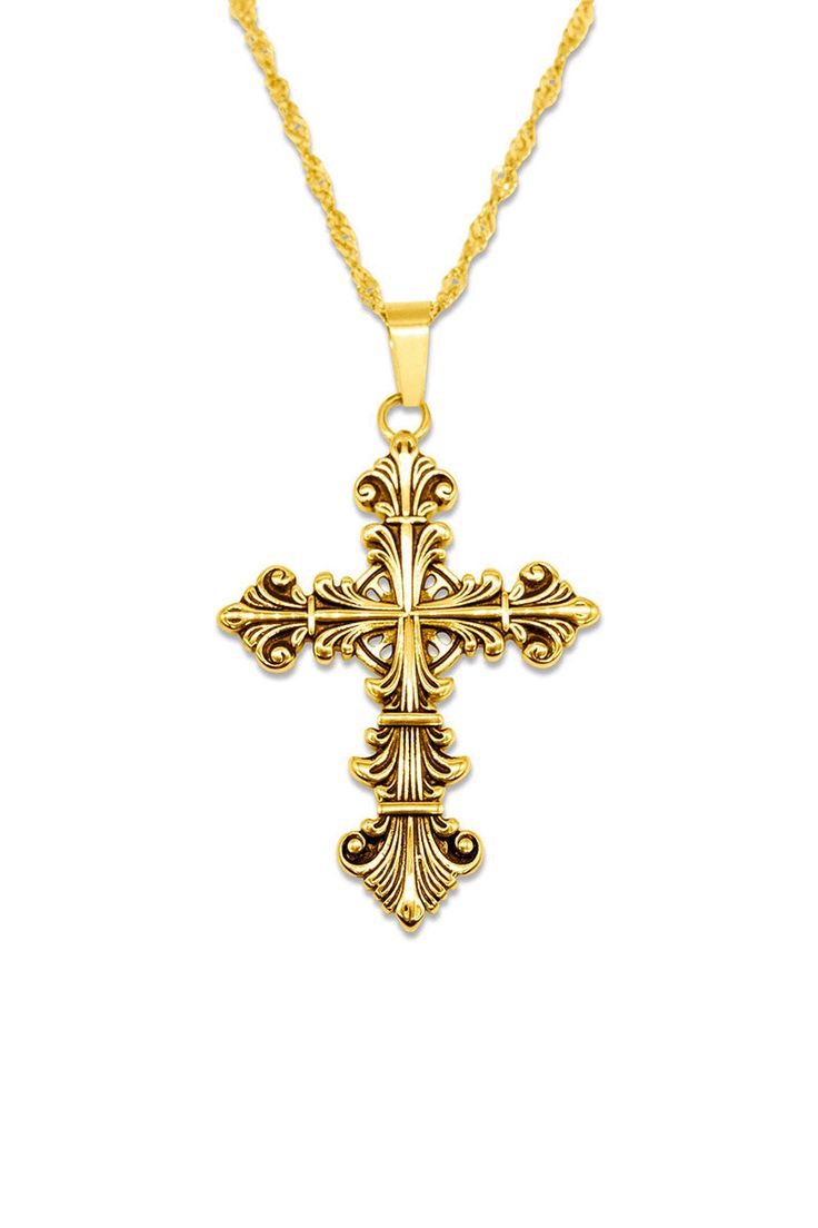 The Lament Gold Cross Necklace is adorned with the solemnity of a cross, a symbol of enduring significance. It is not just a necklace; it's a relic that resonates with the echoes of ancient times, recounting stories of timeless grace. Bathed in rich, opulent gold, this pendant captures the essence of both elegance and darkness. Its golden sheen is a reflection of the allure of the nocturnal, a reminder that beauty thrives even in the heart of the shadows. Size Info: Chain: 72cm Cross: 50mm. Stainless Steel 18k Gold Plaiting. Gold Filigree Cross Pendant Necklace, Symbolic Formal Necklace With Large Pendant, Symbolic Necklace With Large Pendant For Formal Occasions, Formal Symbolic Necklace With Large Pendant, Antique Gold Symbolic Engraved Jewelry, Symbolic Engraved Antique Gold Jewelry, Bronze Cross Pendant Necklace For Gift, Gold Filigree Cross Necklace, Gold Cross Necklace With Filigree