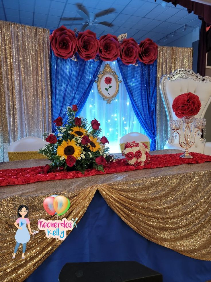 a decorated stage set up with flowers and decorations for a birthday or other special event