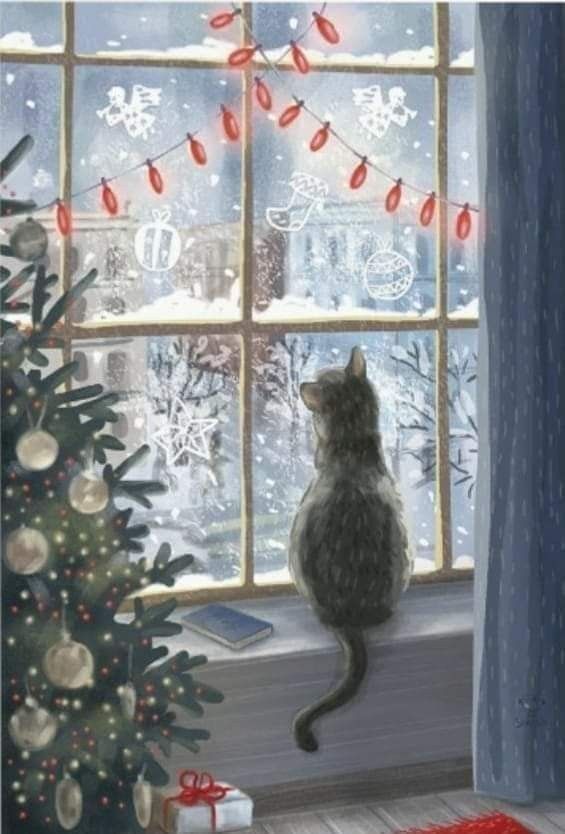 a cat sitting on a window sill looking out the window at christmas trees and lights