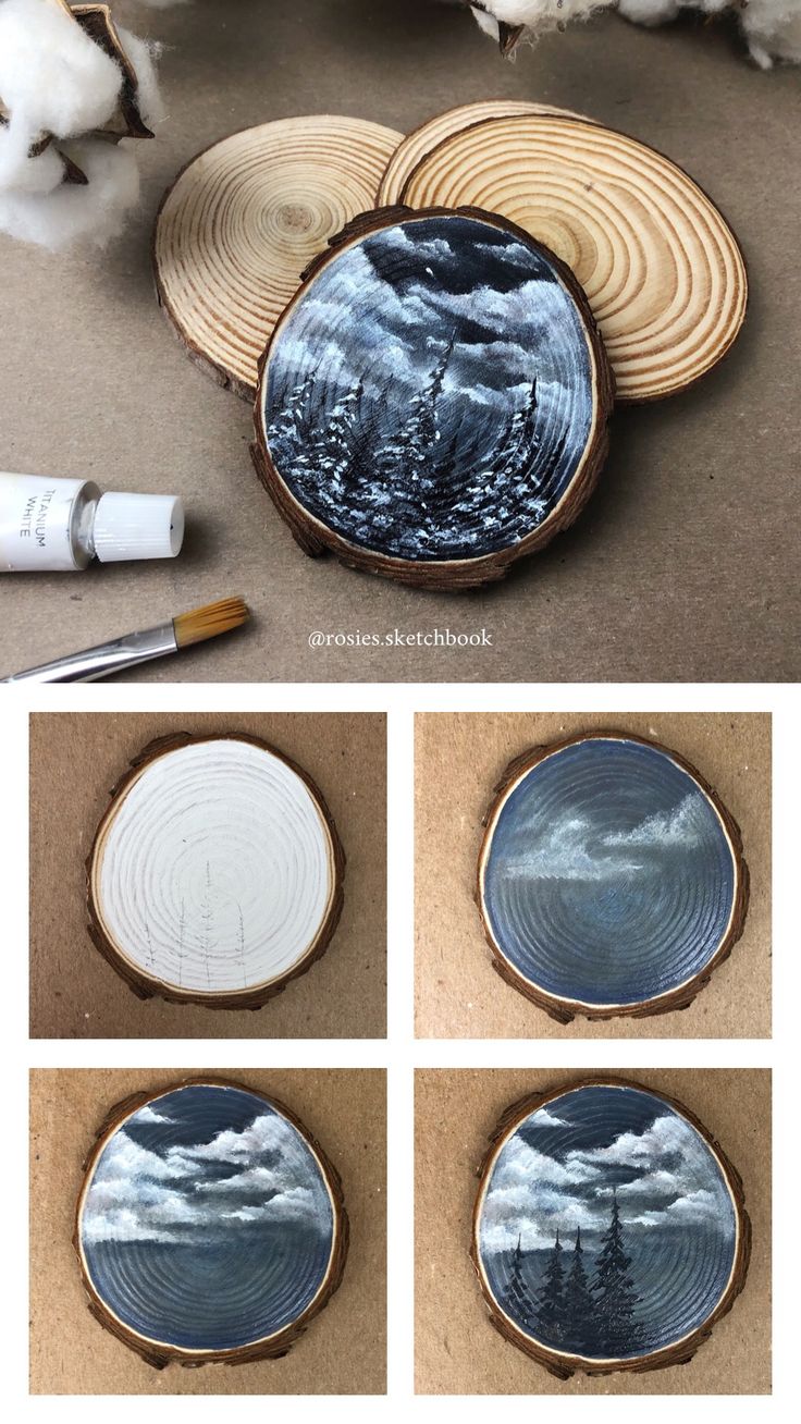 four different pictures of wood slices with clouds and trees on them