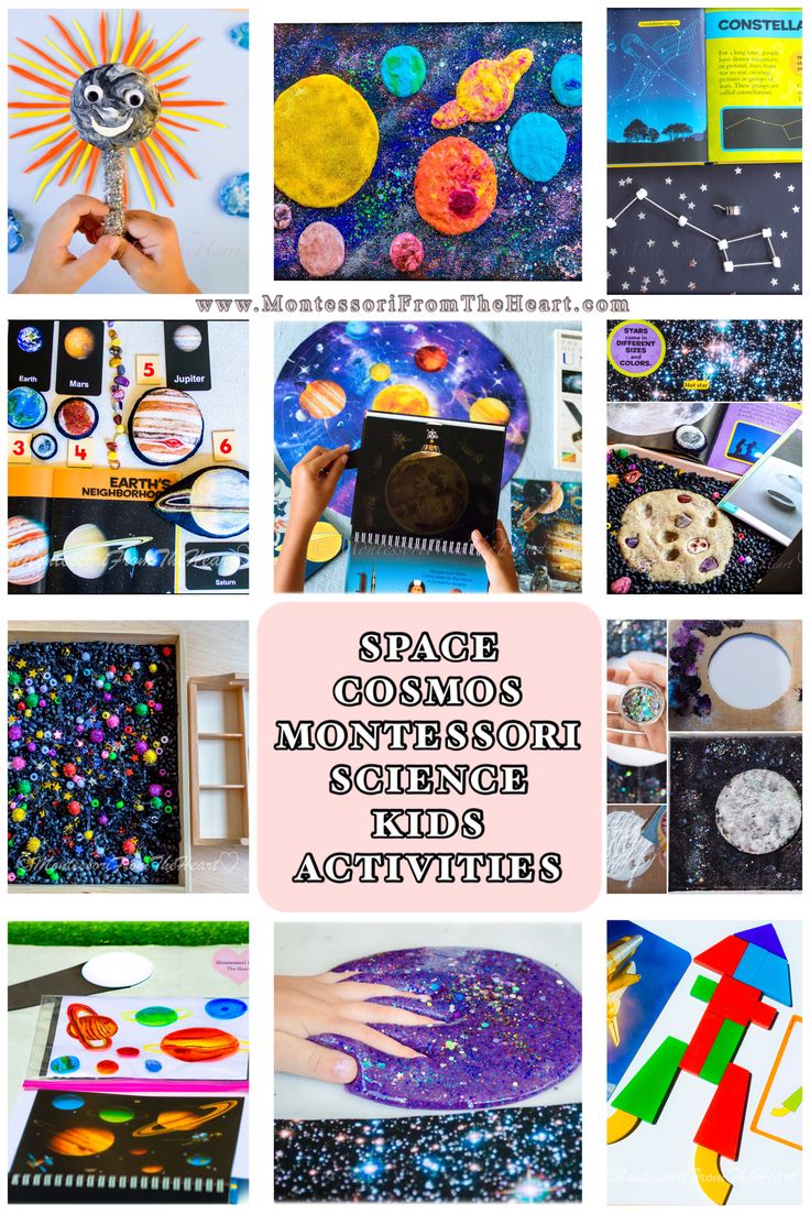 collage of space themed activities for kids with text overlay that reads space commonss montessori science activities