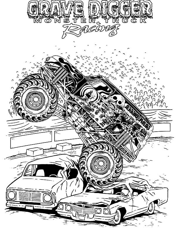 a monster truck is jumping over another car