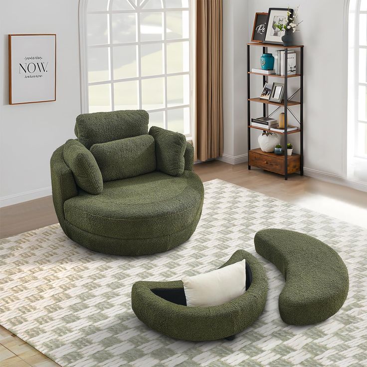 a green chair and ottoman in a living room with white rugs on the floor