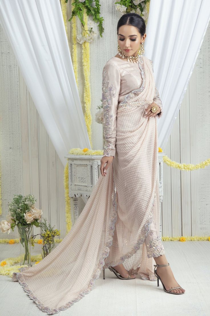 Armelle | Pakistani Designer Outfit | Sarosh Salman Traditional Georgette Pre-draped Saree With Pearl Embroidery, Designer Wear Draped Dupatta With Mirror Work, Designer Draped Dupatta With Mirror Work, Traditional Draped Wear With Resham Embroidery For Eid, Designer Mirror Work Draped Dupatta, Designer Draped Traditional Wear With Resham Embroidery, Eid Mirror Work Draped Dupatta, Designer Draped Blouse For Eid, Designer Wear Draped Blouse Piece For Eid