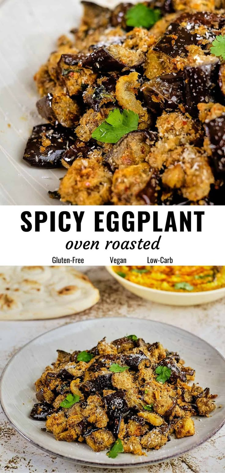 an eggplant dish is served on a white plate with the words spicy eggplant over it