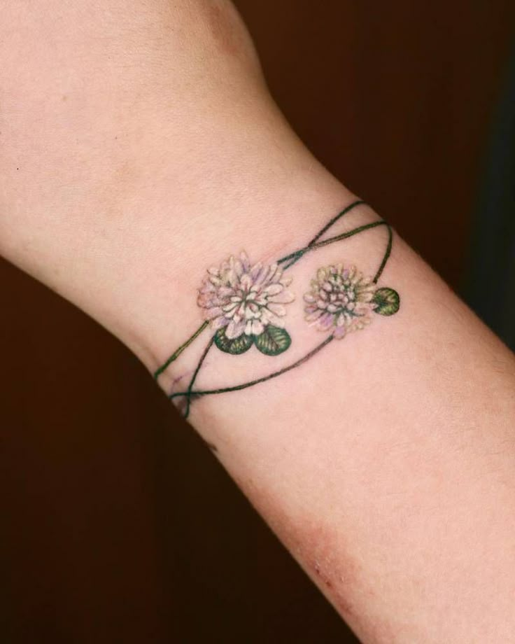 a woman's wrist tattoo with flowers on it