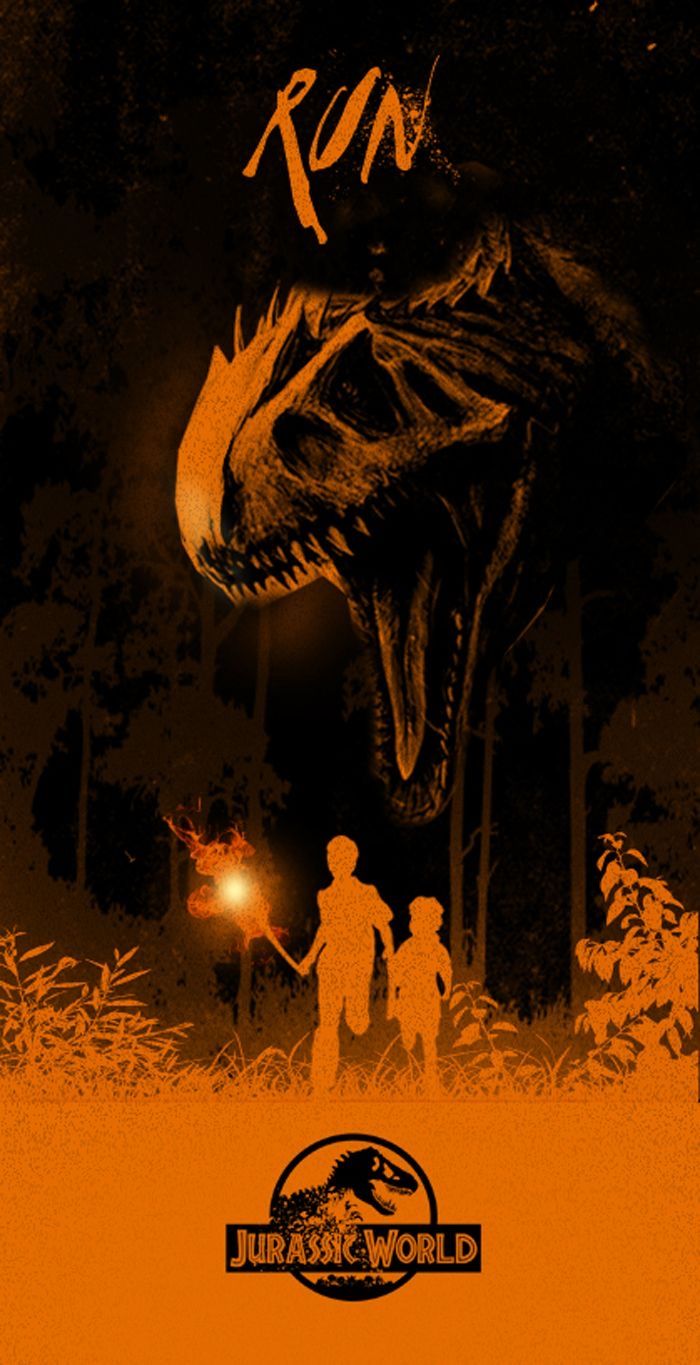 an orange and black poster with the words run in front of a large dinosaur's head