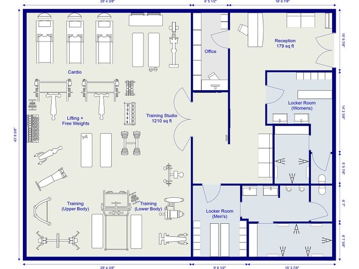 the floor plan for a home gym with two separate areas and one large room that is divided