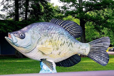 a large fish statue sitting on top of a lush green field