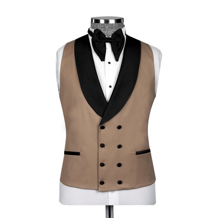 Package Includes: 1 x Jacket - 1 x Waistcoat - 1 x Pant

Upgrade your formal wardrobe with our Brown Tuxedo with Black Lapel, crafted from premium 120s fabric and luxurious silk lining for year-round comfort. Featuring a plain pattern, black fabric buttons, and a half-canvas construction, this tuxedo offers a perfect tailored fit. The shawl lapel jacket includes two diagonal pockets and a single button closure, while the shawl lapel waistcoat boasts an 8-button double-breasted design. Paired wit Elegant Suit With Shawl Collar For Work, Elegant Fitted Vest For Winter, Winter Semi-formal Tuxedo Three-piece Suit, Winter Semi-formal Three-piece Tuxedo Suit, Classic Satin Outerwear With Suit Collar, Elegant Fitted Winter Vest, Elegant Winter Vest, Formal Custom Fit Outerwear With Lapel Collar, Elegant Blazer With Notch Lapel And Horn Black Buttons