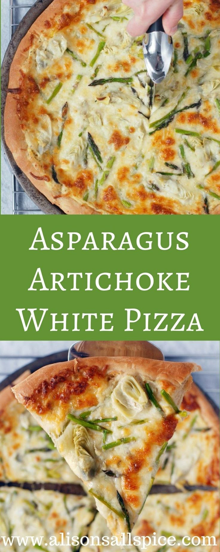 a close up of a pizza on a pan with the words asparagus artichoke white pizza