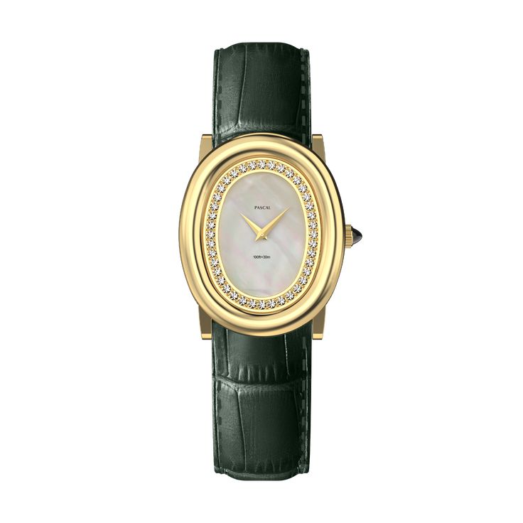 The Oval Bubble watch series introduces a luxurious diamond edition, featuring a bezel set with 40 lab-grown diamonds totaling 0.4 carats. The radiant diamonds beautifully complement the lustrous mother-of-pearl dial, creating a vintage yet dazzling aesthetic. The gold vermeil steel case ensures durability, while the deep green crocodile textured leather strap adds a touch of elegance. Case: 24mm steel case with polished and satin finish. Movement: Swiss Ronda 762 Waterproofness: Water-resistant up to 3 bar (approx. 30 meters/100 feet). Crystal: Scratch resistant sapphire crystal. Bracelet: Interchangeable leather strap,suitable for wrists 14-21cm. Green Crocodile, Radiant Diamond, Women's Watches, Leather Watch Bands, Diamond Watch, Crystal Bracelet, Deep Green, Sapphire Crystal, Piercing Jewelry