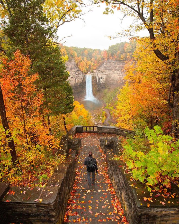 a person walking down a path next to a waterfall in the fall with leaves on the ground