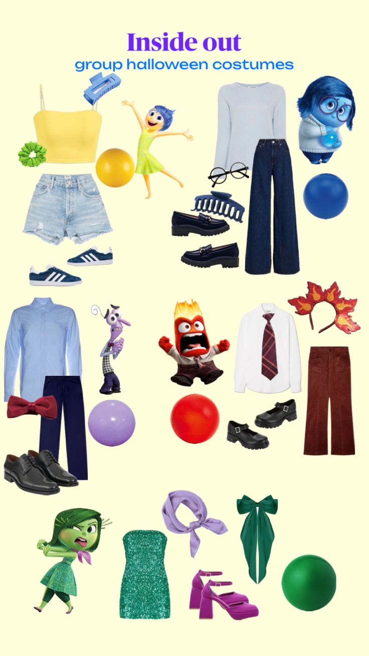 the inside out group halloween costume is shown in blue and green, with an assortment of items