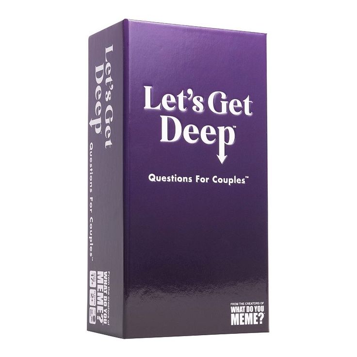 a purple card game box with the words let's get deep questions for couples