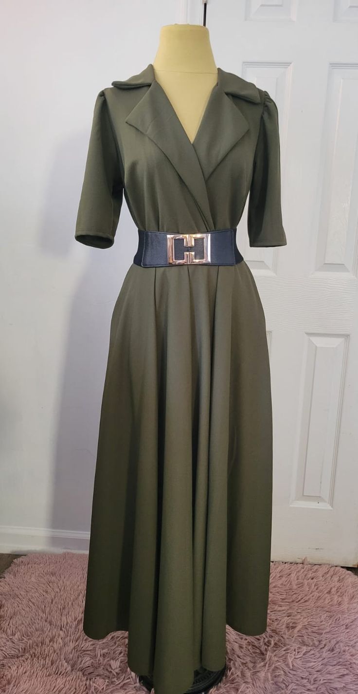 Green olive long dress it fits perfect! Belt not included Stretch Solid Lined Dress, Solid Color Fitted Belted Dress, Fitted Solid Color Office Dresses, Formal Solid Midi Dress, Fitted Midi Dress With 3/4 Sleeves For Fall, Solid Non-stretch Midi Dress For Formal Occasions, Stretch Solid Color Office Dress, Formal Solid Non-stretch Midi Dress, Fitted Evening Dress With 3/4 Length