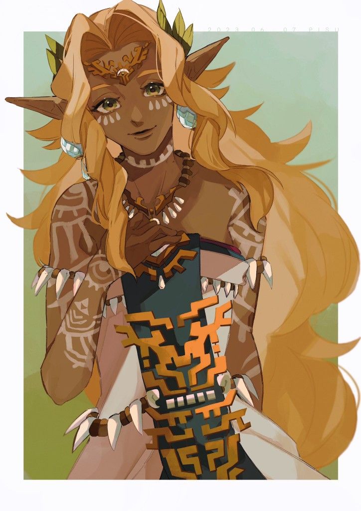 a drawing of a woman with long blonde hair and horns on her head, wearing an elaborate outfit