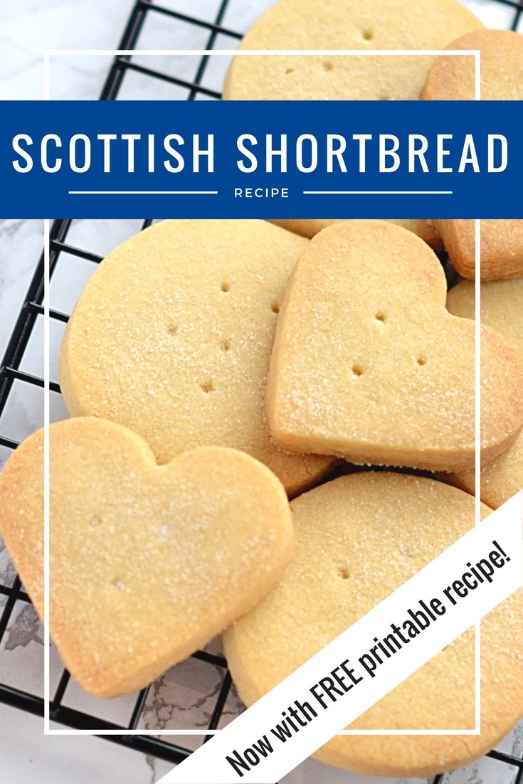 heart shaped shortbread cookies on a cooling rack with the text scottish shortbread recipe