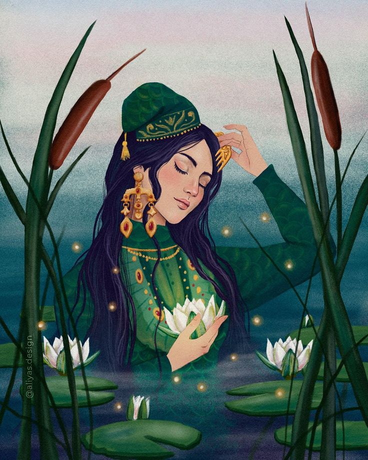 a painting of a woman sitting in the water surrounded by lily pads and reeds