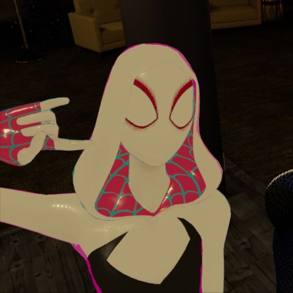 a woman in a spider suit pointing at something