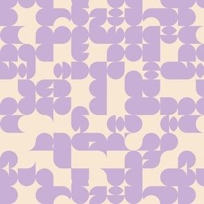 an abstract purple and beige background with many smaller shapes in the middle, including letters that appear to be interlocked