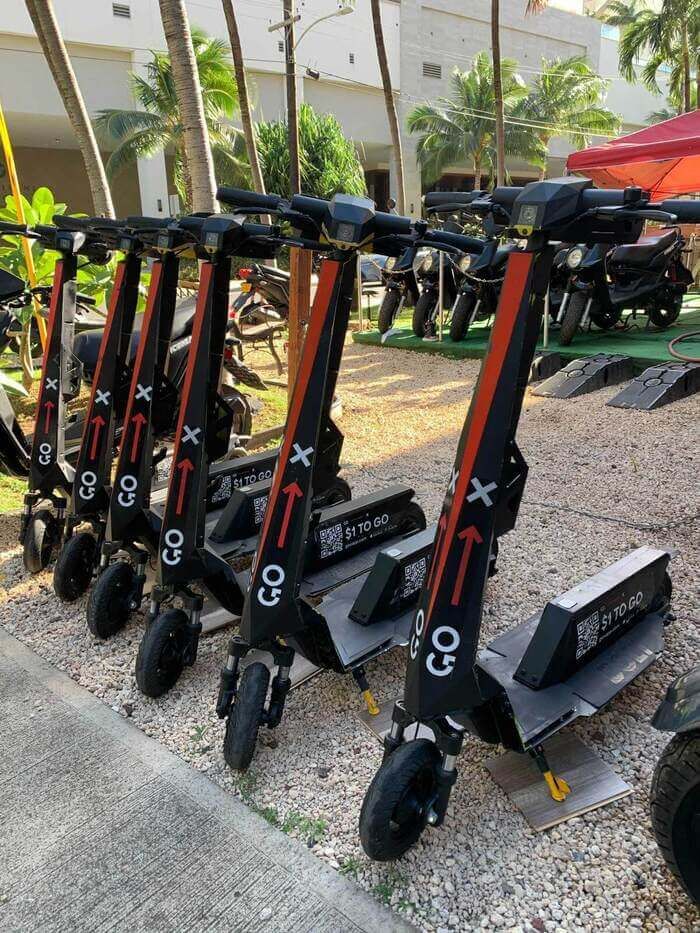 three scooters parked next to each other on the ground near some palm trees