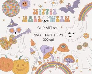 the clip art set includes pumpkins, mushrooms, and other halloween related items for children's crafts