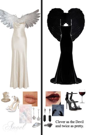 the dress is black and white with wings on it