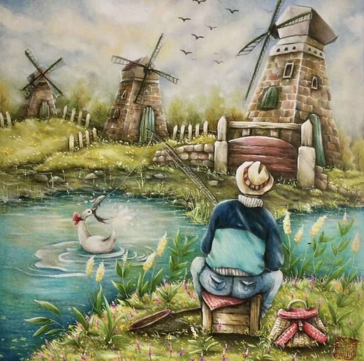 a painting of a man sitting on a bench next to a river with ducks and windmills in the background