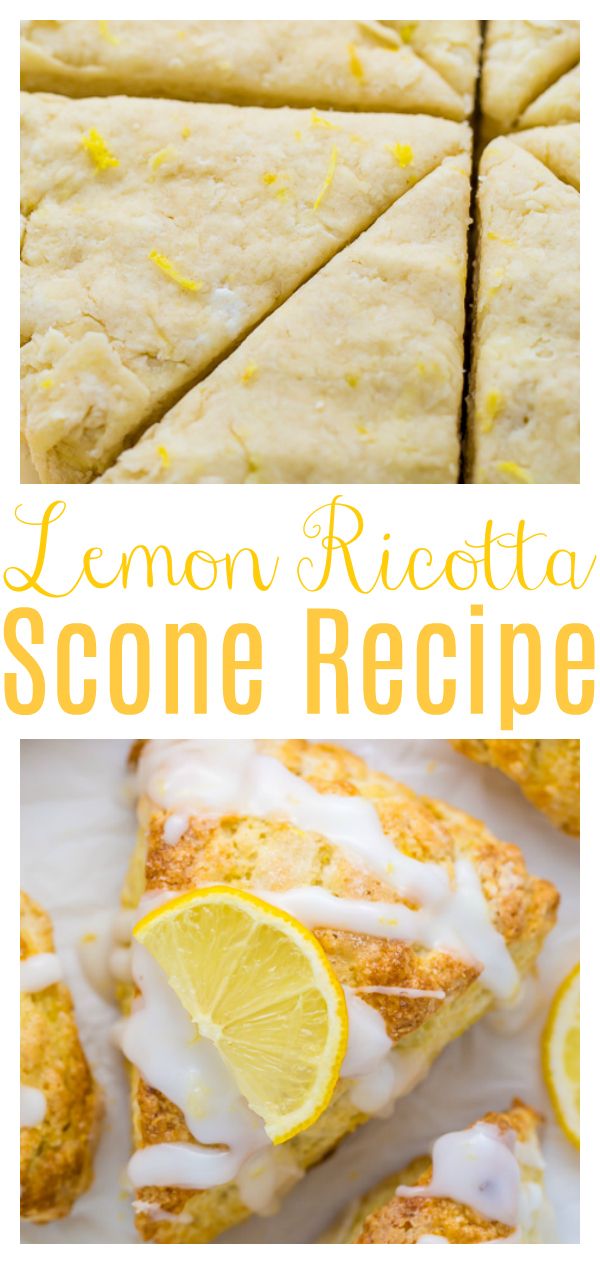 lemon ricotta scone recipe with white icing on top and sliced lemons in the background