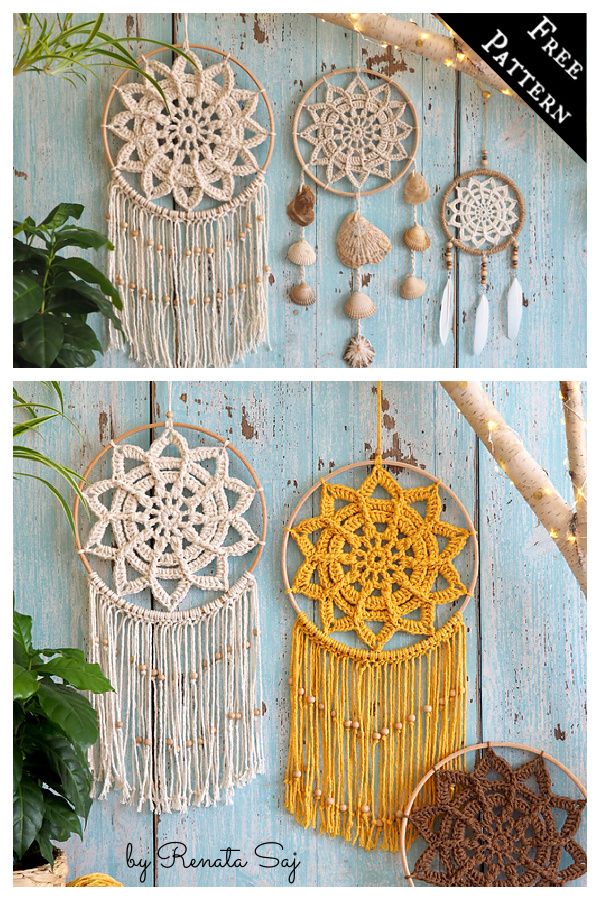 three different pictures of macrame dream catchers hanging on a blue wooden wall