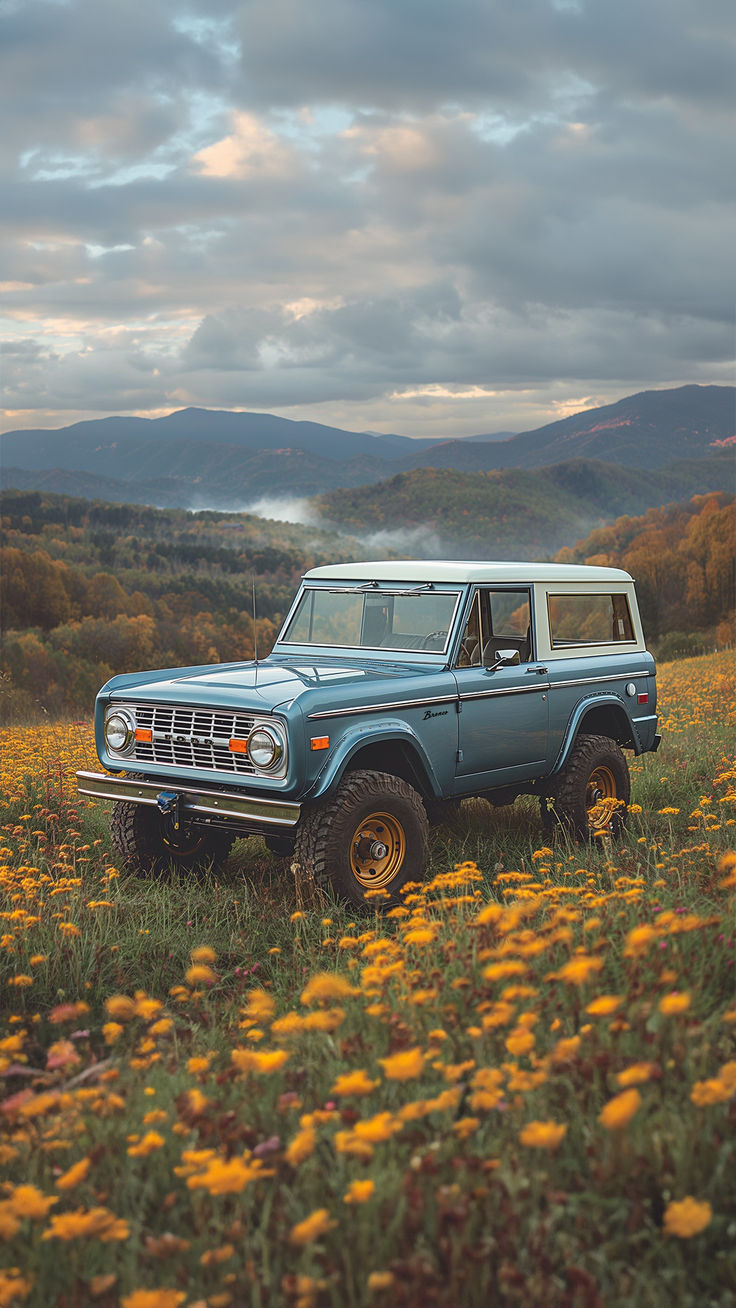 A vintage blue Ford Bronco stands in a vibrant field of yellow wildflowers, with the smoky blue hills of the Tennessee mountains rising in the background under a dramatic sky. Old Blue Truck Aesthetic, Beater Car Aesthetic, Vintage Car Colors, Cool Vans Car, Blue Ford Bronco Aesthetic, Vintage Bronco Interior, Old School Cars Aesthetic, 1970s Bronco, Bronco Ford Aesthetic