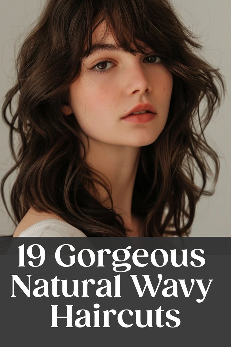 Portrait of a woman with natural wavy hair and bangs, with text "19 Gorgeous Natural Wavy Haircuts". Out There Hairstyles, Medium Flippy Hairstyles, Long Wavy Shag Haircut Side Part, Long Bangs With Wavy Hair, Medium Length Hair For Thick Wavy Hair, Haircut For Women Wavy Hair, Haircuts To Enhance Waves, Wavy Haircut Inspiration, Cute Hair Cuts For Girls Wavy