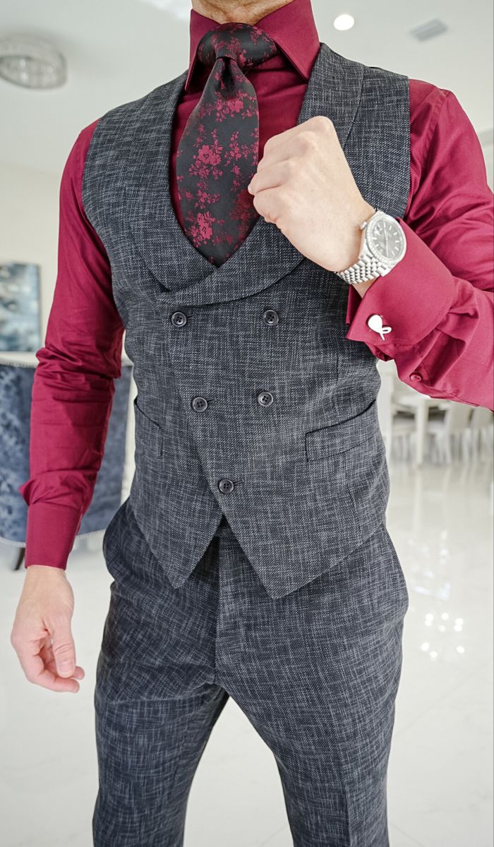 Happy Sunday ☀️ Showcasing our latest Onyx Lino Tweed 3 piece look. This is one of our latest Lino pieces 🤩🖤❤️ Tag someone who needs this in their life before it’s sold out for good? #sebastiancruzcouture #tweed #threepiecesuit #bespoke #gq Pant Shirt Vest Coat For Men, Latest Waistcoat Designs For Men, Formal Fitted Three-piece Suit With Vest, Waistcoat Designs For Men, Waist Coat Men, Three Piece Suit Mens, Men Vest Outfits, Husband Fashion, Grey Waistcoat