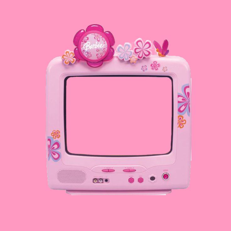 a pink toy tv set with flowers and butterflies on it's front, against a pink background