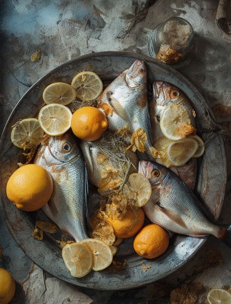 two fish and lemons on a plate with other food items around them, including oranges