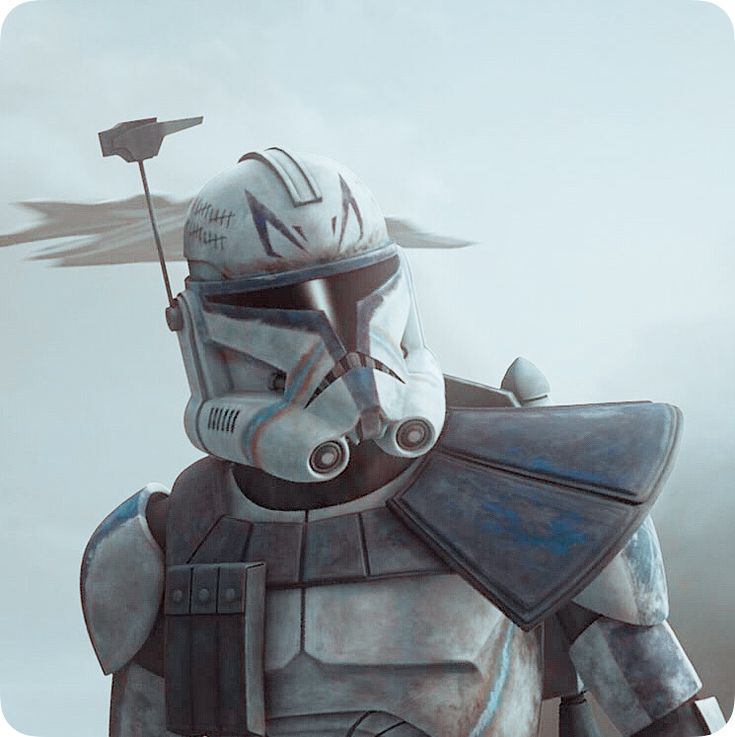 a star wars character with a flag on his head and helmet, standing in front of a foggy sky