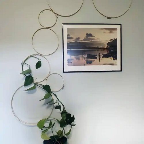 there is a vase with some plants in it next to a picture on the wall