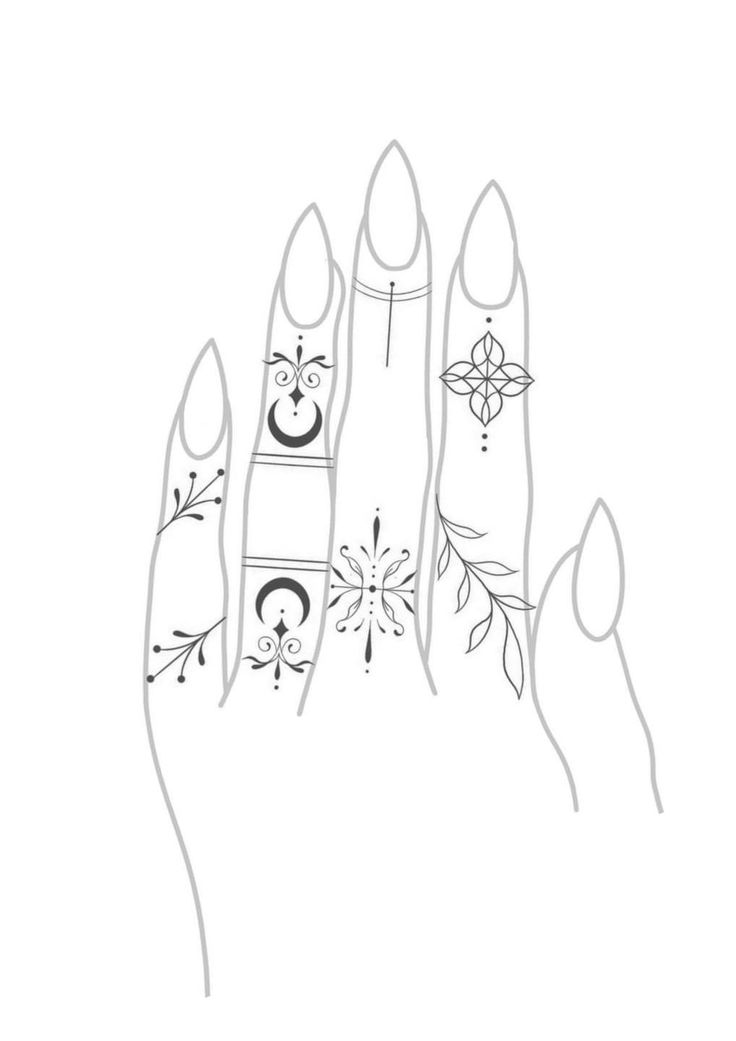 a drawing of a hand with different nail shapes and designs on the thumbnails