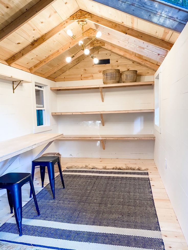 the inside of a room with shelves and stools on top of carpeted flooring