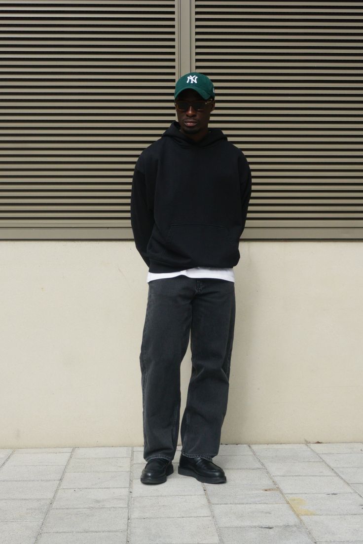 Mens Grey Hoodie Outfit, Hoodie Loafers Outfit, Black Shoe Outfits Mens, Loafers With Jeans Men's, Vintage Black Jeans Outfits Men, Baggy Jeans And Loafers Outfit Men, Mens Black Loafers Outfit Casual, All Black Loafers Outfit Men, Baggy Jeans Loafers