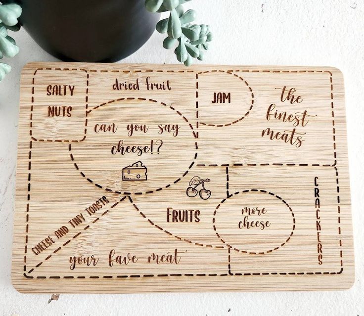 a wooden cutting board with words on it